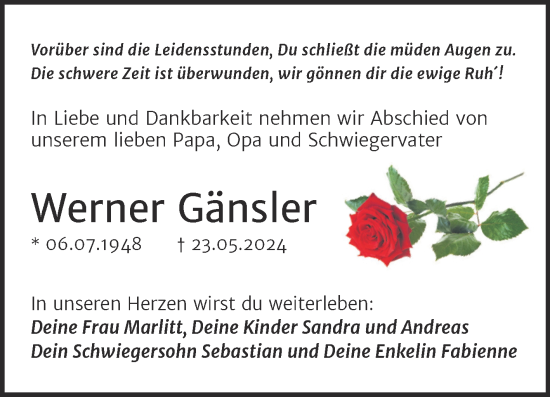 Traueranzeige von Werner Gänsler von Trauerkombi Merseburg