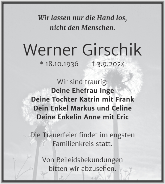 Traueranzeige von Werner Girschik von Trauerkombi Köthen