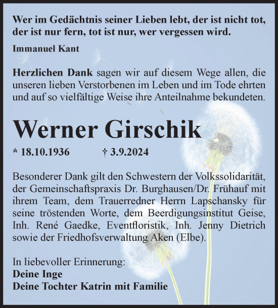 Traueranzeige von Werner Girschik von Trauerkombi Köthen