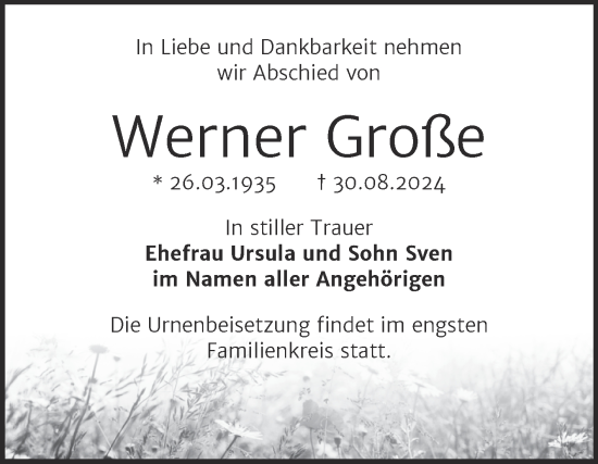 Traueranzeige von Werner Große von Trauerkombi Bernburg