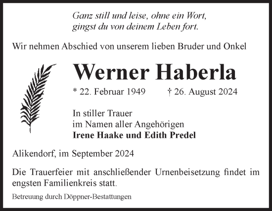 Traueranzeige von Werner Haberla von Volksstimme Oschersleben/Wanzleben