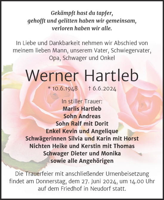 Traueranzeige von Werner Hartleb von Trauerkombi Quedlinburg