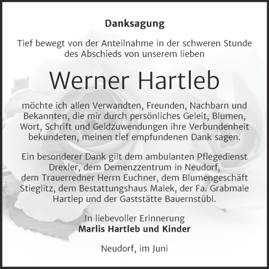 Traueranzeige von Werner Hartleb von Trauerkombi Quedlinburg