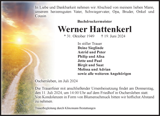 Traueranzeige von Werner Hattenkerl von Volksstimme Oschersleben/Wanzleben