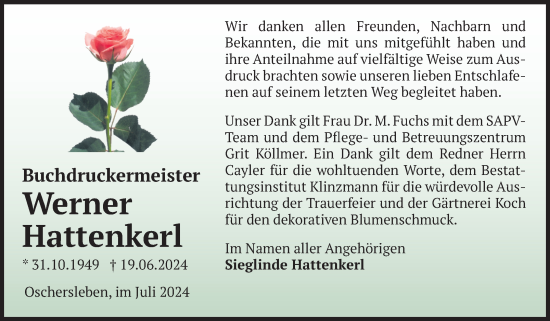 Traueranzeige von Werner Hattenkerl von Volksstimme Oschersleben/Wanzleben