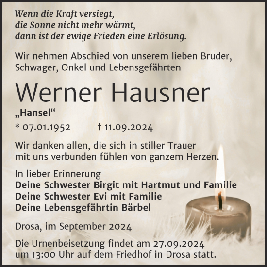 Traueranzeige von Werner Hausner von Trauerkombi Köthen