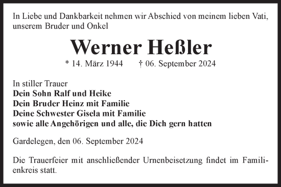 Traueranzeige von Werner Heßler von Volksstimme Altmark West
