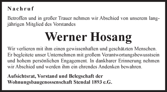 Traueranzeige von Werner Hosang 