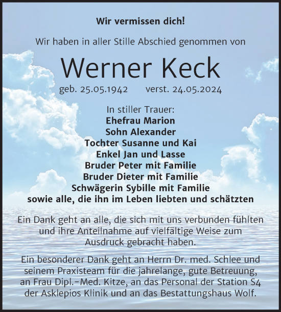 Traueranzeige von Werner Keck von Trauerkombi Weißenfels