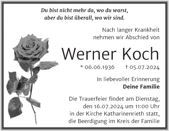 Traueranzeige von Werner Koch von Trauerkombi Sangerhausen