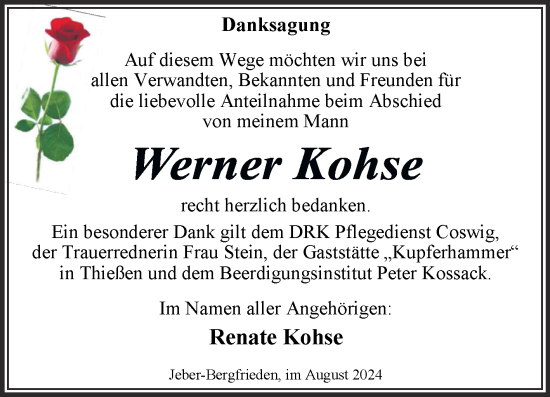 Traueranzeige von Werner Kohse von Trauerkombi Wittenberg
