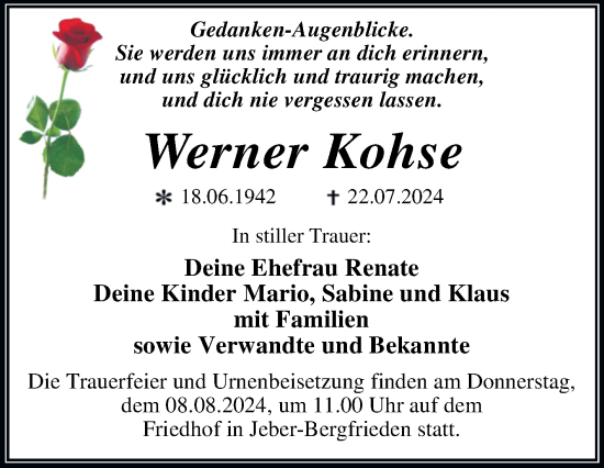Traueranzeige von Werner Kohse von Trauerkombi Wittenberg