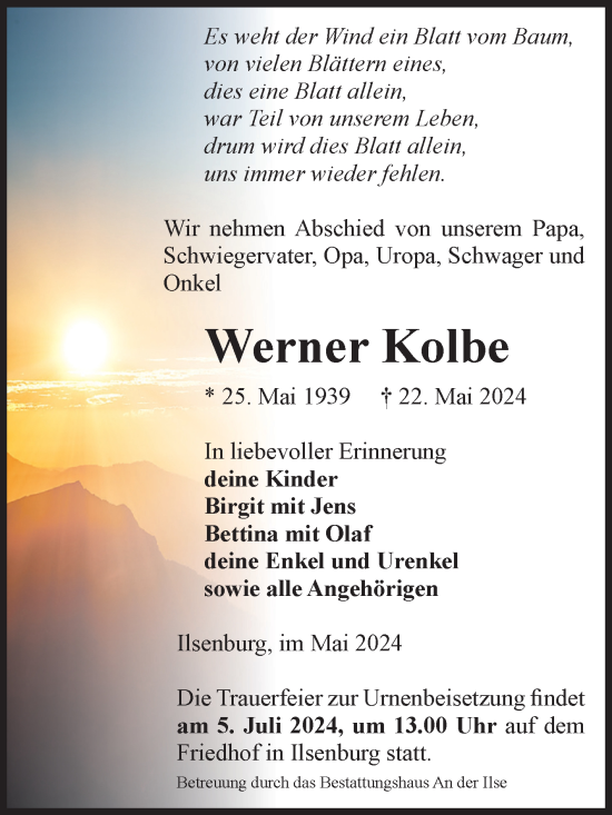 Traueranzeige von Werner Kolbe von Volksstimme Wernigerode