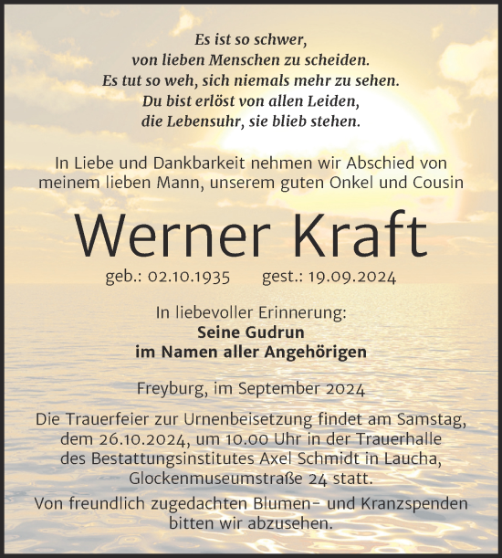 Traueranzeige von Werner Kraft von Naumburger Tageblatt