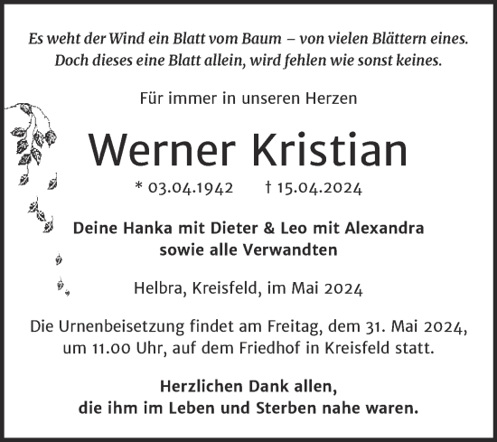 Traueranzeige von Werner Kristian von Trauerkombi Mansfelder Land