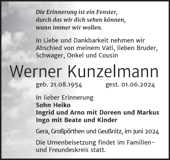 Traueranzeige von Werner Kunzelmann von Trauerkombi Zeitz