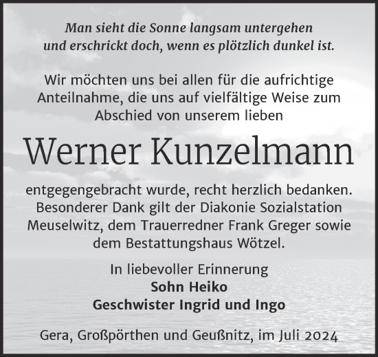 Traueranzeige von Werner Kunzelmann von Trauerkombi Zeitz