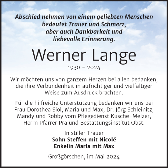Traueranzeige von Werner Lange von Trauerkombi Weißenfels