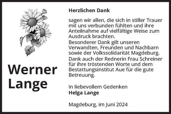 Traueranzeige von Werner Lange von Volksstimme Magdeburg