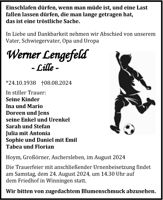 Traueranzeige von Werner Lengefeld von Trauerkombi Aschersleben