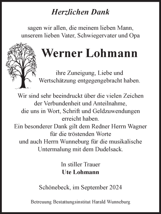 Traueranzeige von Werner Lohmann von Volksstimme Schönebeck