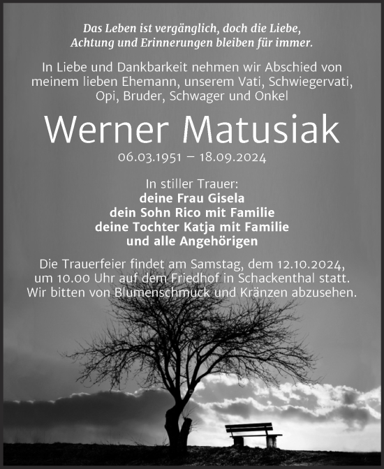Traueranzeige von Werner Matusiak von Trauerkombi Aschersleben
