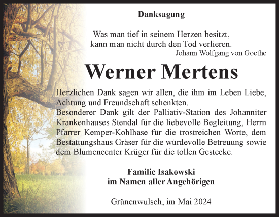 Traueranzeige von Werner Mertens von Volksstimme Altmark Ost
