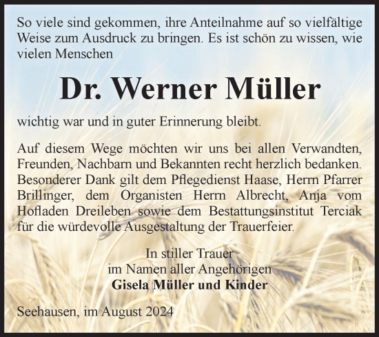 Traueranzeige von Werner Müller von Volksstimme Oschersleben/Wanzleben