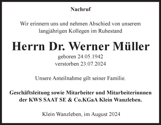 Traueranzeige von Werner Müller von Volksstimme Oschersleben/Wanzleben