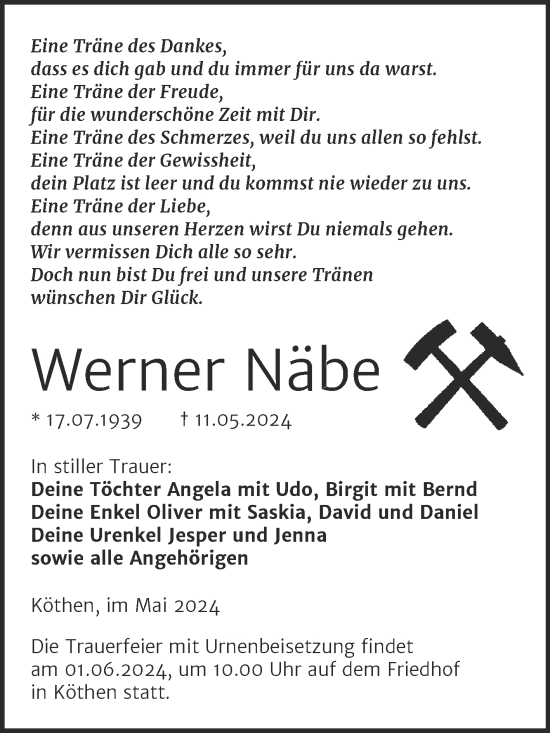 Traueranzeige von Werner Näbe von Trauerkombi Köthen