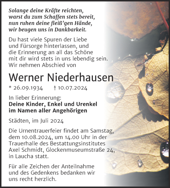 Traueranzeige von Werner Niederhausen von Super Sonntag Naumburg/Nebra