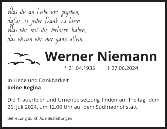 Traueranzeige von Werner Niemann von Volksstimme Magdeburg
