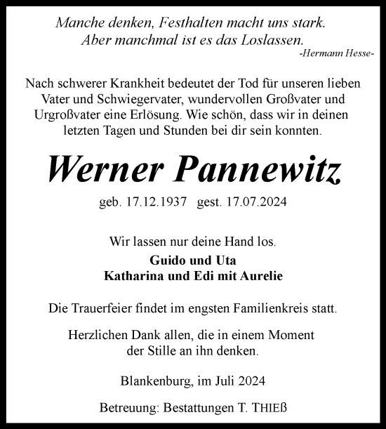 Traueranzeige von Werner Pannewitz von Volksstimme Wernigerode