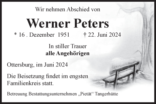 Traueranzeige von Werner Peters von Volksstimme Altmark Ost
