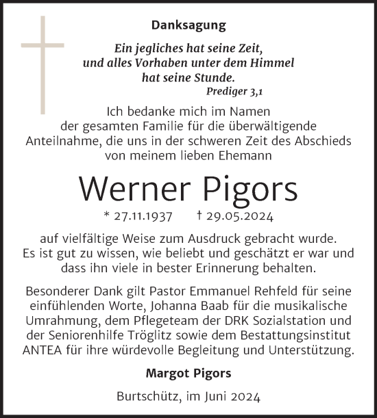 Traueranzeige von Werner Pigors von Trauerkombi Zeitz