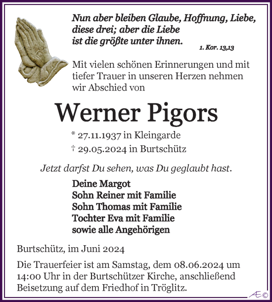 Traueranzeige von Werner Pigors von Mitteldeutsche Zeitung Zeitz