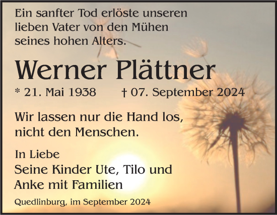 Traueranzeige von Werner Plättner von Trauerkombi Quedlinburg