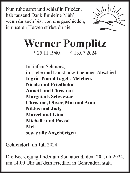 Traueranzeige von Werner Pomplitz von Volksstimme Altmark West