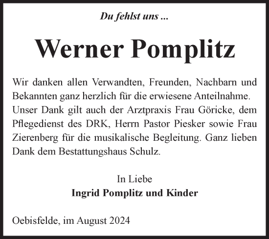 Traueranzeige von Werner Pomplitz von Volksstimme Altmark West