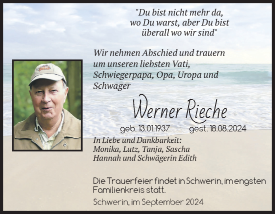 Traueranzeige von Werner Rieche von Volksstimme Magdeburg
