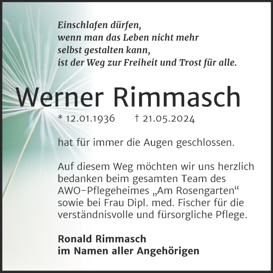 Traueranzeige von Werner Rimmasch von Trauerkombi Sangerhausen
