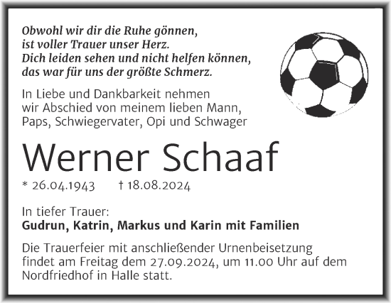 Traueranzeige von Werner Schaaf von Mitteldeutsche Zeitung Halle/Saalkreis
