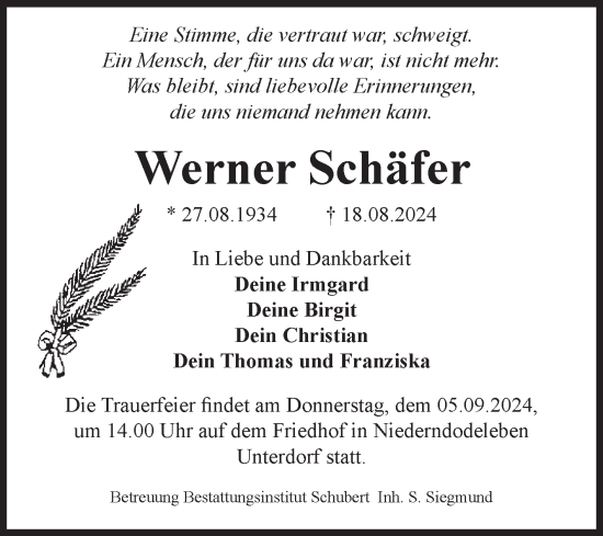 Traueranzeige von Werner Schäfer von Volksstimme Magdeburg