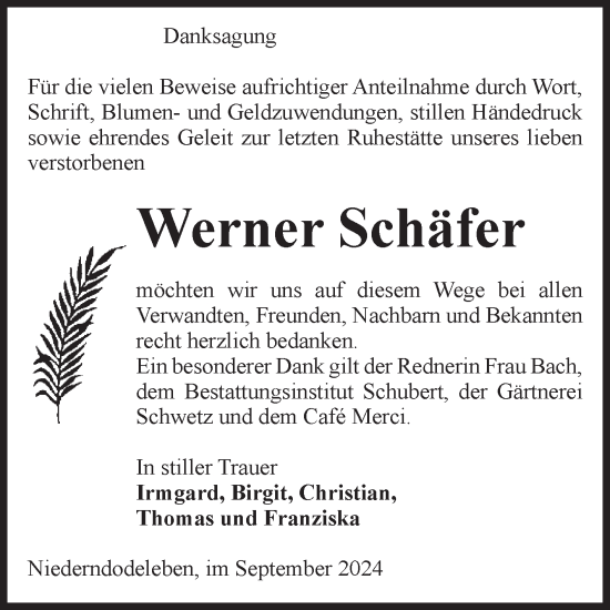 Traueranzeige von Werner Schäfer von Volksstimme Magdeburg