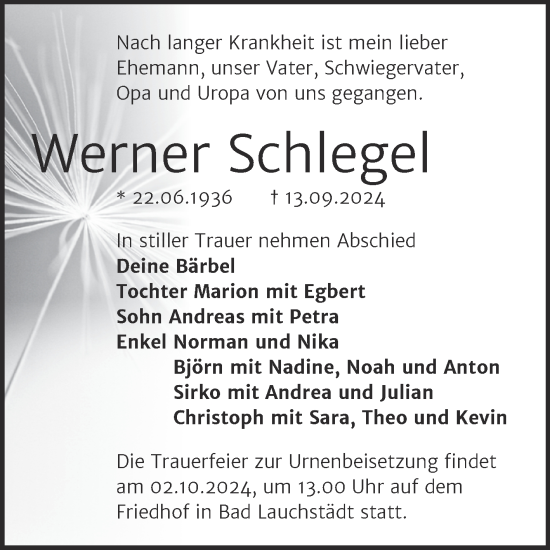 Traueranzeige von Werner Schlegel von Mitteldeutsche Zeitung Halle/Saalkreis