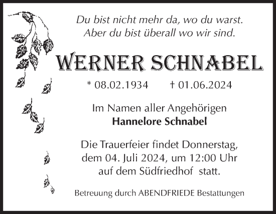 Traueranzeige von Werner Schnabel von Volksstimme Magdeburg