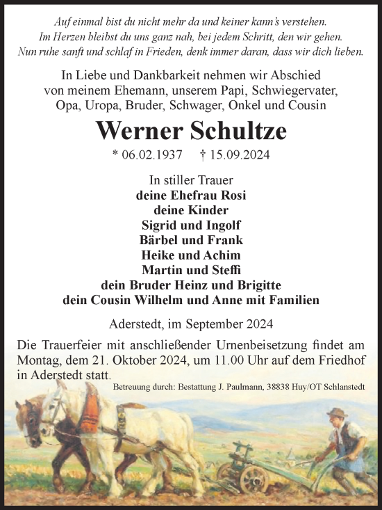 Traueranzeige von Werner Schultze von Volksstimme Halberstadt