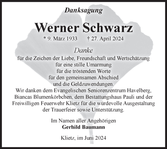 Traueranzeige von Werner Schwarz von Volksstimme Altmark Ost