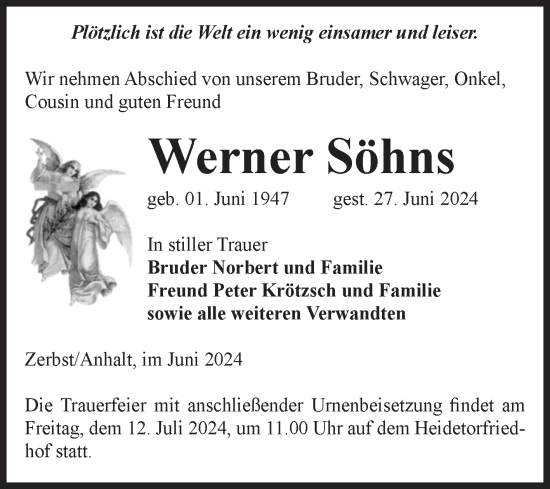 Traueranzeige von Werner Söhns von Volksstimme Zerbst