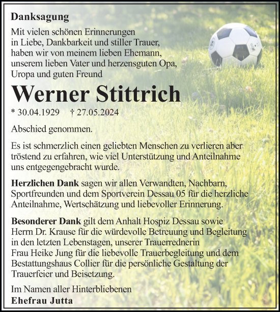Traueranzeige von Werner Stittrich von Trauerkombi Dessau